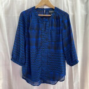 NYCC New York Clothing Co Blue Black Houndstooth Print Blouse‎ Top S Small